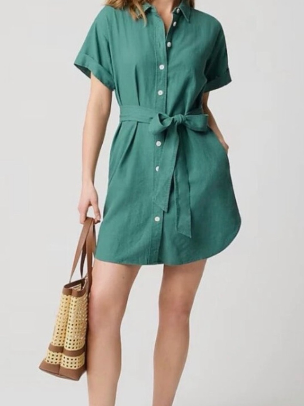 J. Crew Green Button-Front Tie-Waist Shirt Dress